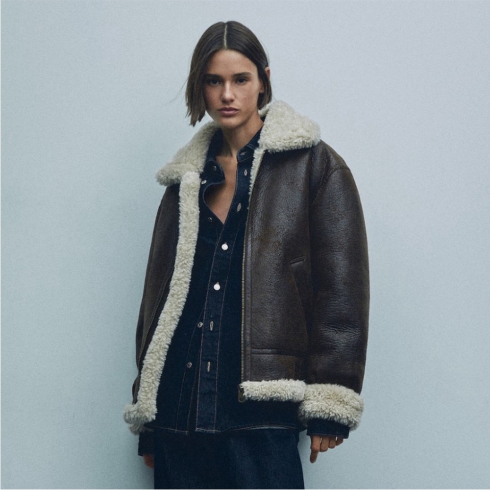 Mango Chocolate Brown Shearling Bomber Jacket